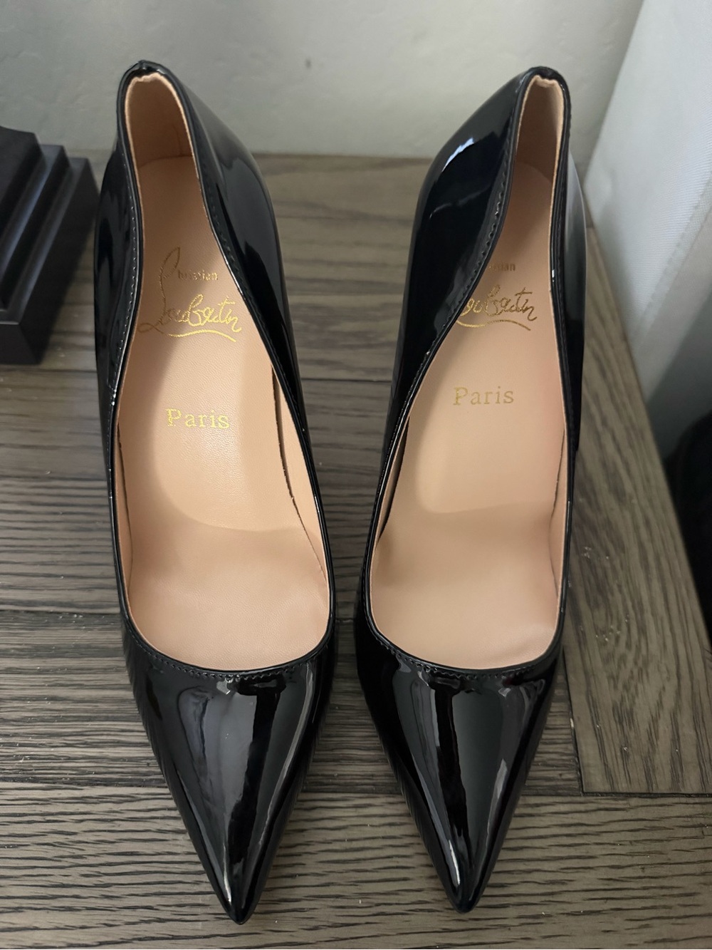 Christian Louboutin Black Patent Pointed Pumps with Nude Interior